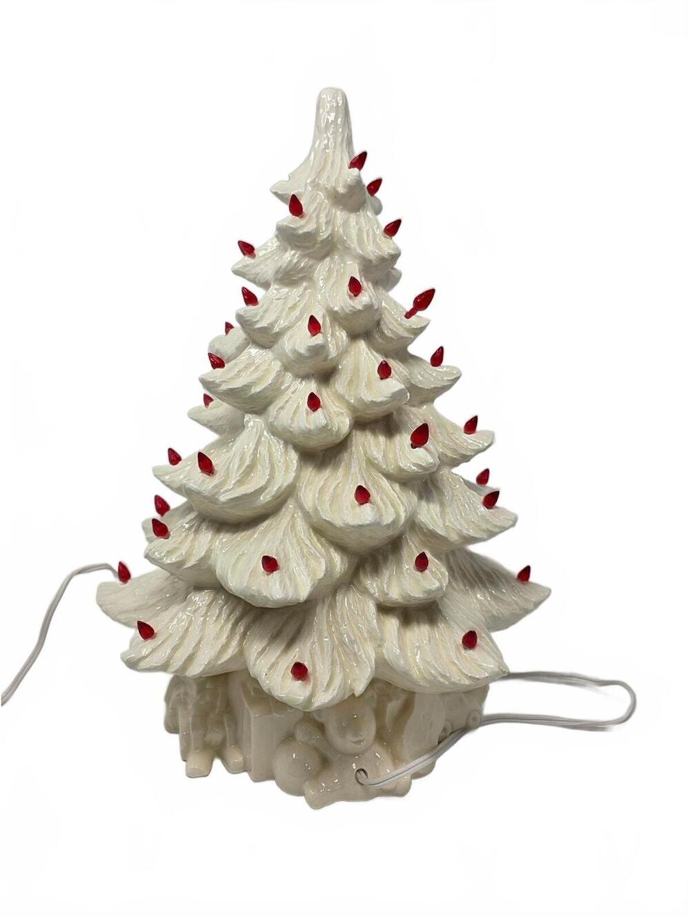 Vintage 16" Ceramic Christmas Tree Pearlescent White with Red Lights